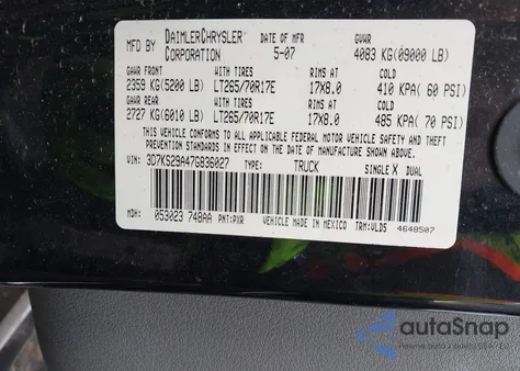 2007 Dodge Ram 2500 Laramie z USA, uszkodzony, nr VIN 3D7KS29A47G836027